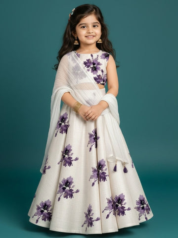 Girls' Off-White Art Silk Lehenga Set – Printed