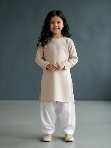 Girls' Beige Cotton Kurti Set – Solid