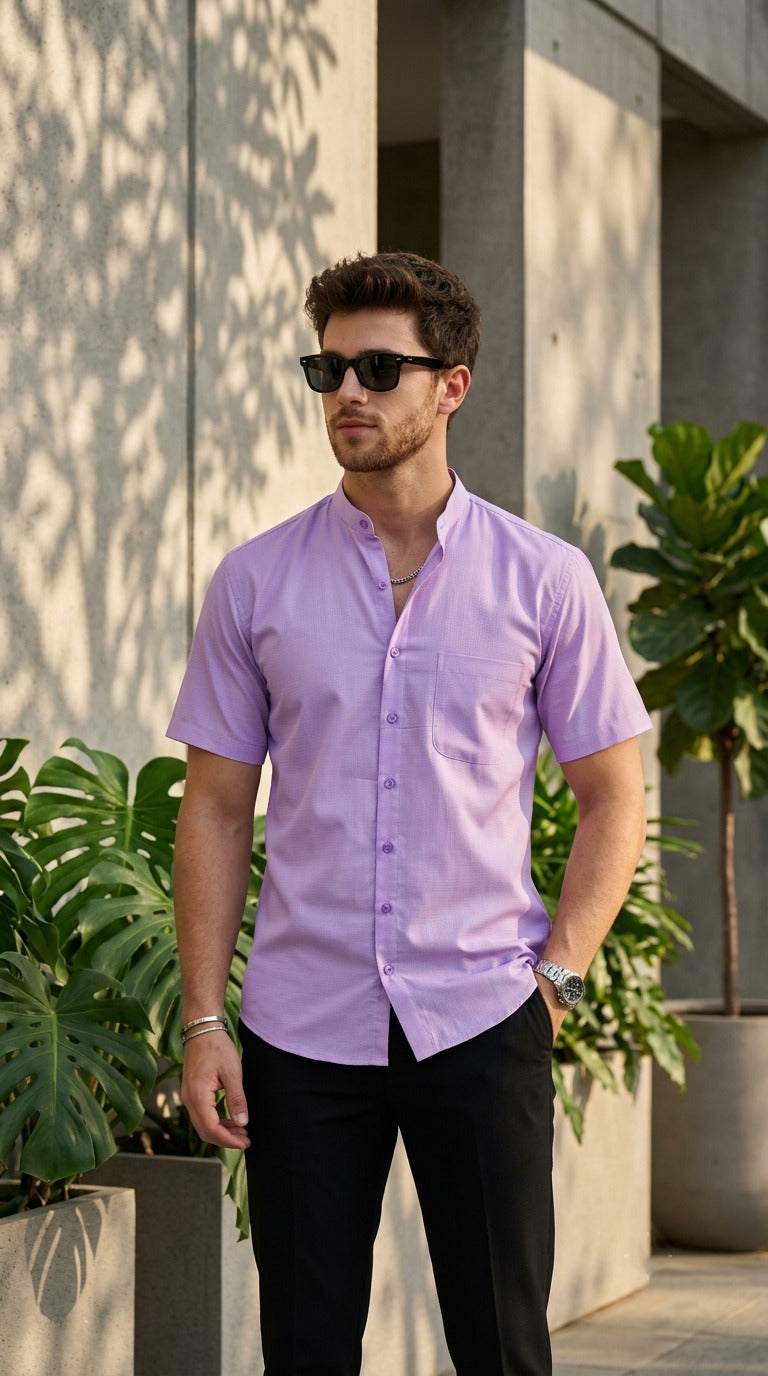 Men's Purple Cotton Shirt – Mandarin Collar