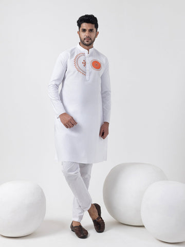 Men's White Cotton Kurta Set – Ethnic Print