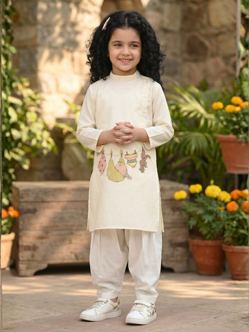 Girls' Beige Cotton Kurti Set – Ethnic Print