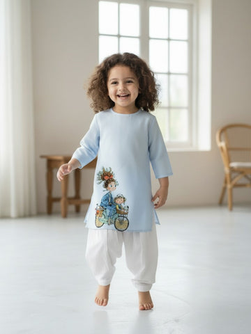 Girls' Sky Blue Cotton Kurti Set – Ethnic Print
