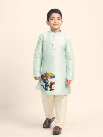 Boys' Green Dupion Silk Kurta Set – Printed