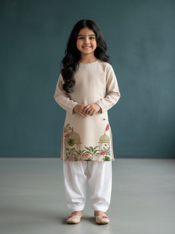 Girls' Beige Cotton Kurti Set – Ethnic Print