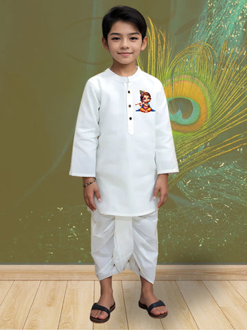 Boys' White Cotton Kurta Set – Printed