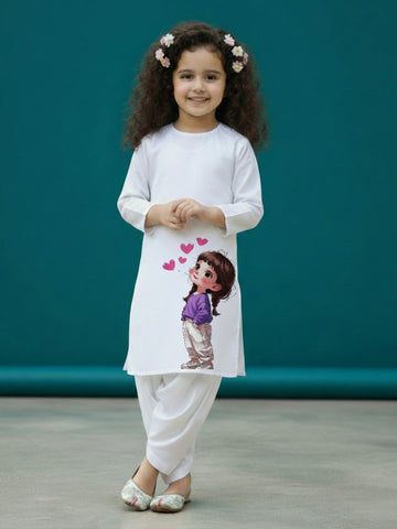 Girls' White Cotton Kurti Set – Ethnic Print