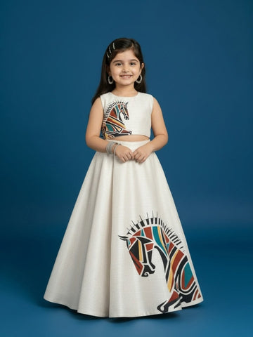 Girls' Off-White Art Silk Lehenga Set – Printed