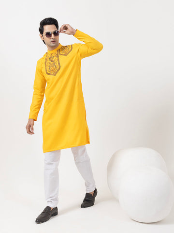 Men's Mustard Cotton Kurta Set – Ethnic Print & Side Placket