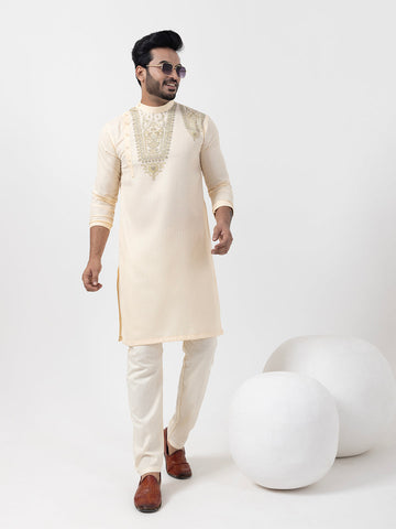 Men's Beige Cotton Kurta Set – Ethnic Print & Side Placket