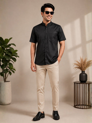 Men's Black Cotton Shirt – Mandarin Collar