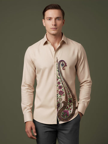 Men's Beige Cotton Shirt – Ethnic Print