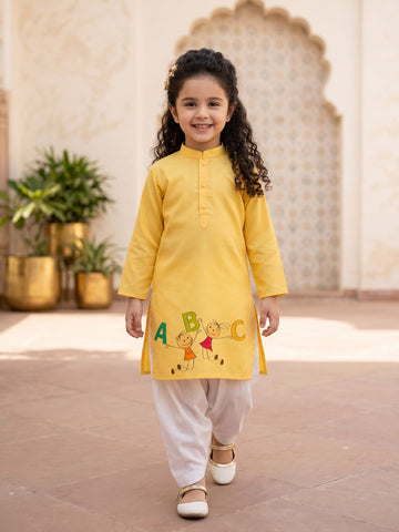 Girls' Yellow Cotton Kurti Set – Ethnic Print