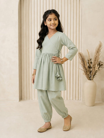 Girls' Sea Green Cotton Kurti Set – Solid
