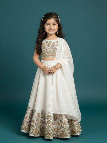 Girls' Off-White Art Silk Lehenga Set – Printed