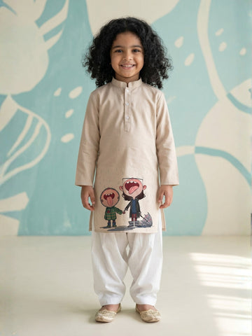 Girls' Beige Cotton Kurti Set – Ethnic Print