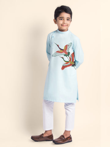 Boys' Sky Blue Cotton Kurta & Pyjama Set – Printed