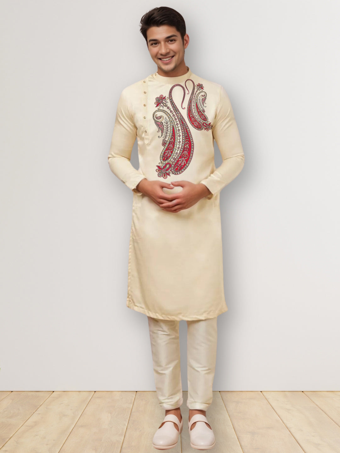 Men's Beige Cotton Kurta Set – Ethnic Print & Side Placket