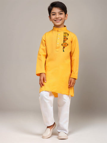 Boys' Yellow Cotton Kurta Set – Printed