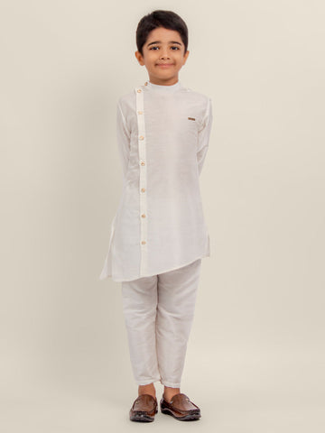 Boys' White Dupion Kurta & Pyjama Set – Asymmetric