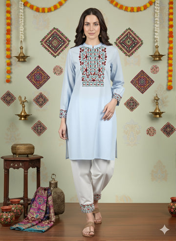Women's Sky Blue Cotton Kurti Set – Ethnic Print