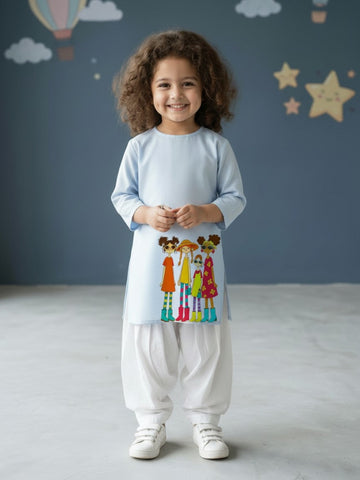 Girls' Sky Blue Cotton Kurti Set – Ethnic Print