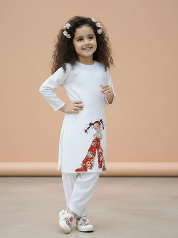 Girls' White Cotton Kurti Set – Ethnic Print
