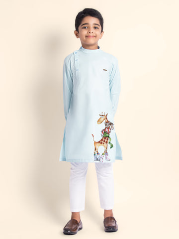 Boys' Sky Blue Cotton Kurta Set – Printed