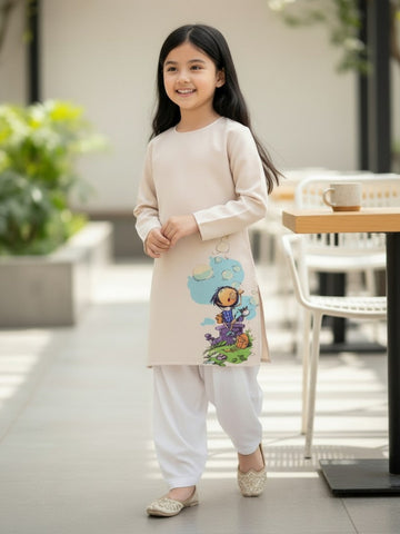 Girls' Beige Cotton Kurti Set – Ethnic Print