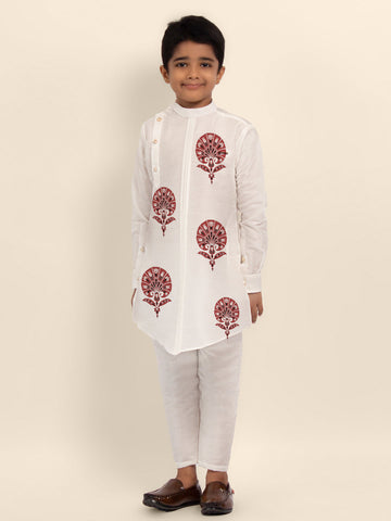 Boys' White Dupion Kurta Set – Printed