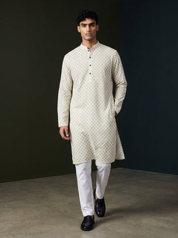Men's Beige Cotton Kurta Set – Ethnic Print