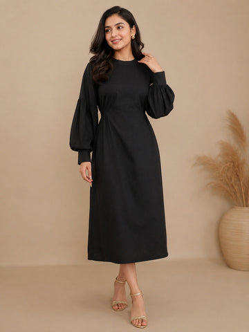 Women's Black Cotton Linen Midi Dress – Long Puff Sleeves