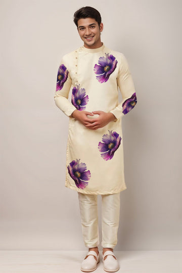 Men's Beige Cotton Kurta Set – Ethnic Print & Side Placket