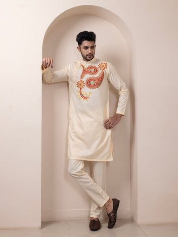 Men's Beige Cotton Kurta Set – Ethnic Print & Side Placket
