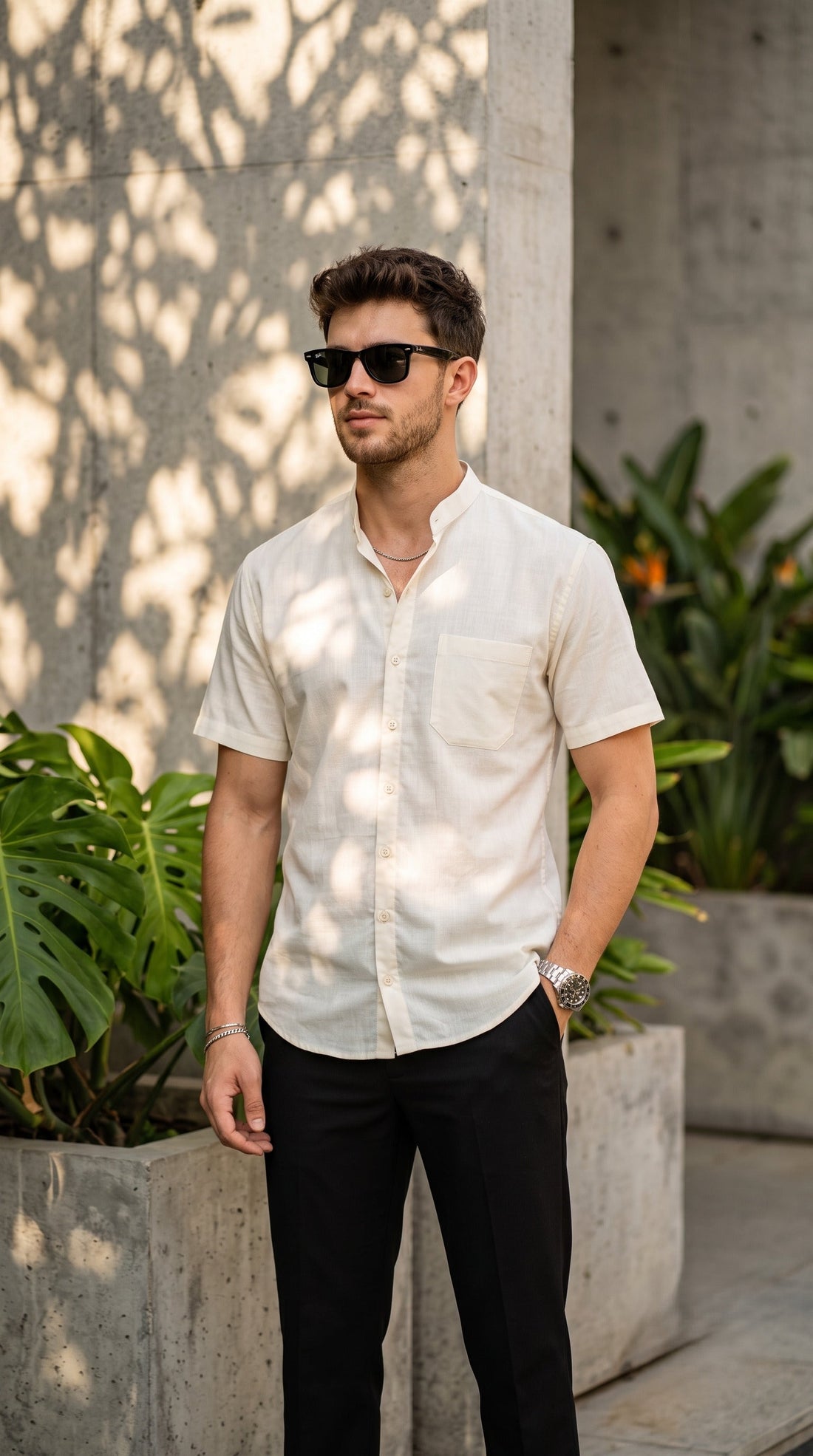 Men's Beige Cotton Shirt – Mandarin Collar