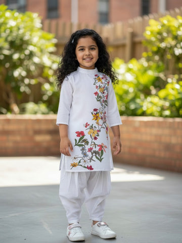 Girls' White Cotton Kurti Set – Ethnic Print