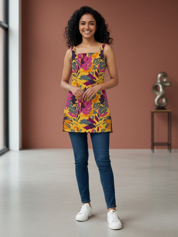 Women's Multicolour Cotton Sleeveless Top – Floral Print