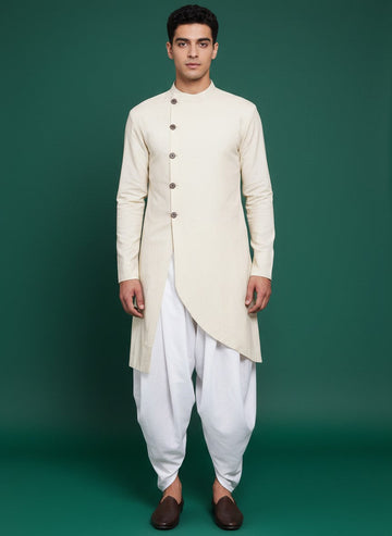 Men's Beige Cotton Linen Kurta Set – Solid & Side Placket
