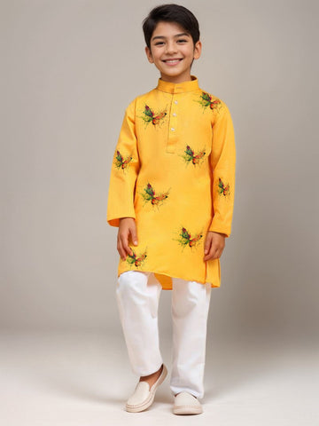 Boys' Yellow Cotton Kurta Set – Printed