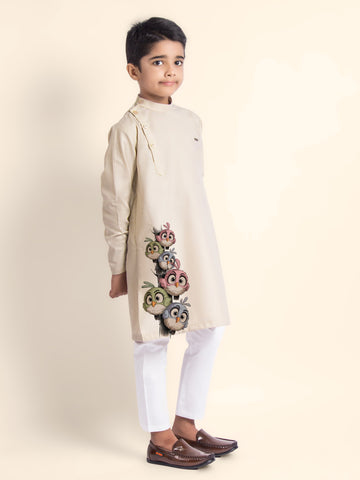 Boys' Beige Cotton Kurta & Pyjama Set – Printed