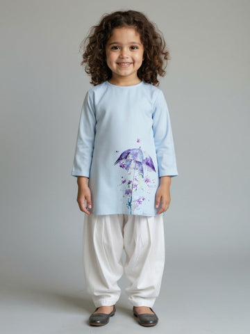 Girls' Sky Blue Cotton Kurti Set – Ethnic Print