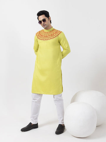 Men's Lime Green Cotton Kurta Set – Ethnic Print & Side Placket