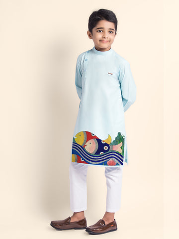 Boys' Sky Blue Cotton Kurta & Pyjama Set – Printed
