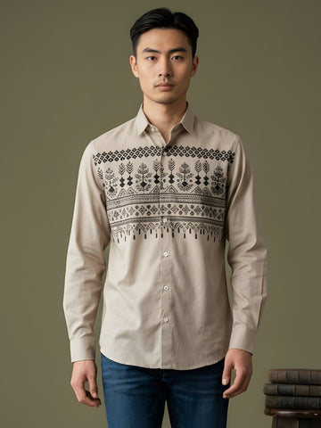 Men's Beige Cotton Shirt – Ethnic Print