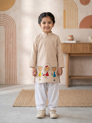 Girls' Beige Cotton Kurti Set – Ethnic Print