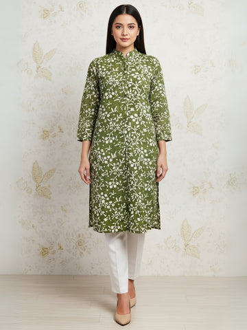 Women's Green Cotton Kurti Set – Printed