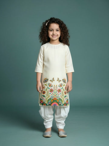 Girls' Beige Cotton Kurti Set – Ethnic Print