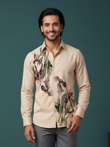 Men's Beige Cotton Shirt – Ethnic Print