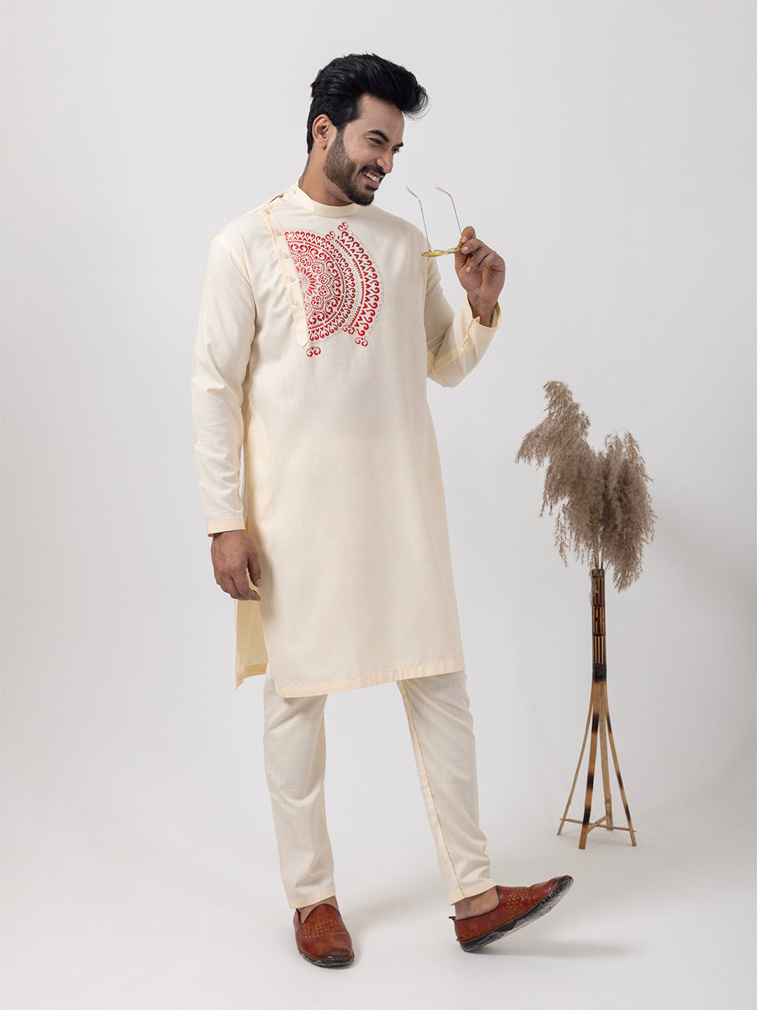 Men's Beige Cotton Kurta Set – Ethnic Print & Side Placket