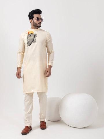 Men's Beige Cotton Kurta Set – Ethnic Print & Side Placket