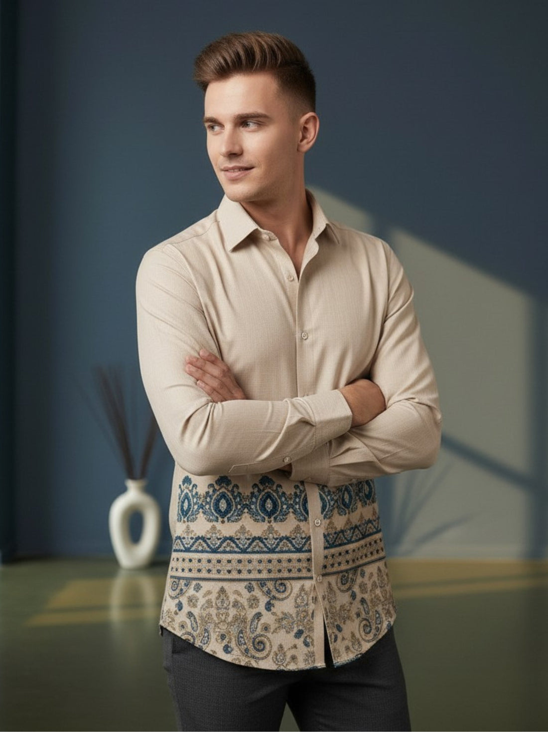 Men's Beige Cotton Shirt – Ethnic Print